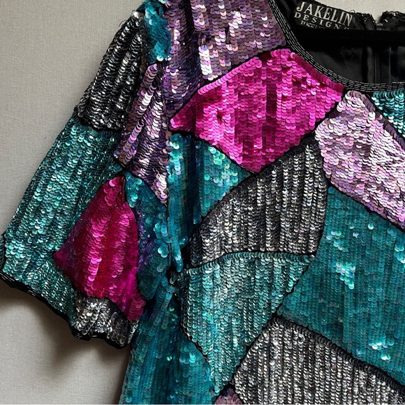 Vintage Jakelin Designs silk sequin beaded short sleeve shirt minidress Sz 2X - Picture 3 of 10